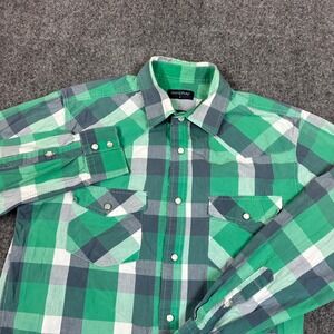 Double Pump Mens Small Green Plaid Western Pearl Snap‎ Button Long Sleeve Shirt